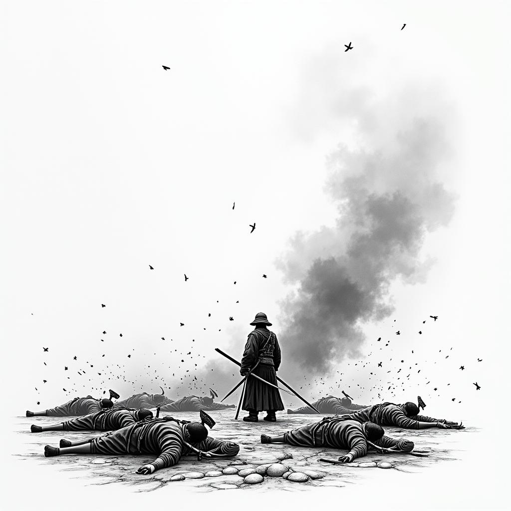 Japanese battle scene. 1 lone soldier left. Bodies on the groundin japanese style tattoo, detailed tattoo, traditional japanese culture tattoo, mythology, 8k