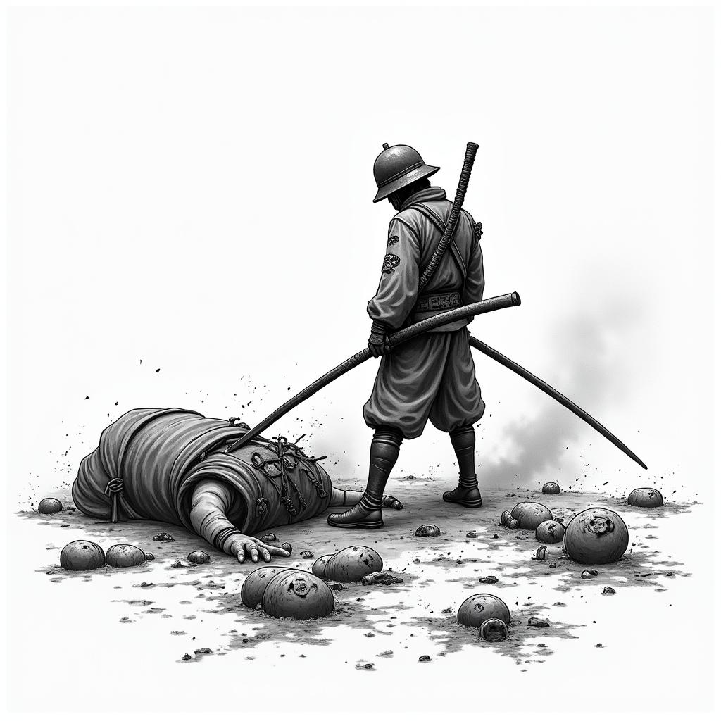 Japanese battle scene. 1 lone soldier left. Bodies on the groundin japanese style tattoo, detailed tattoo, traditional japanese culture tattoo, mythology, 8k - Variation 2