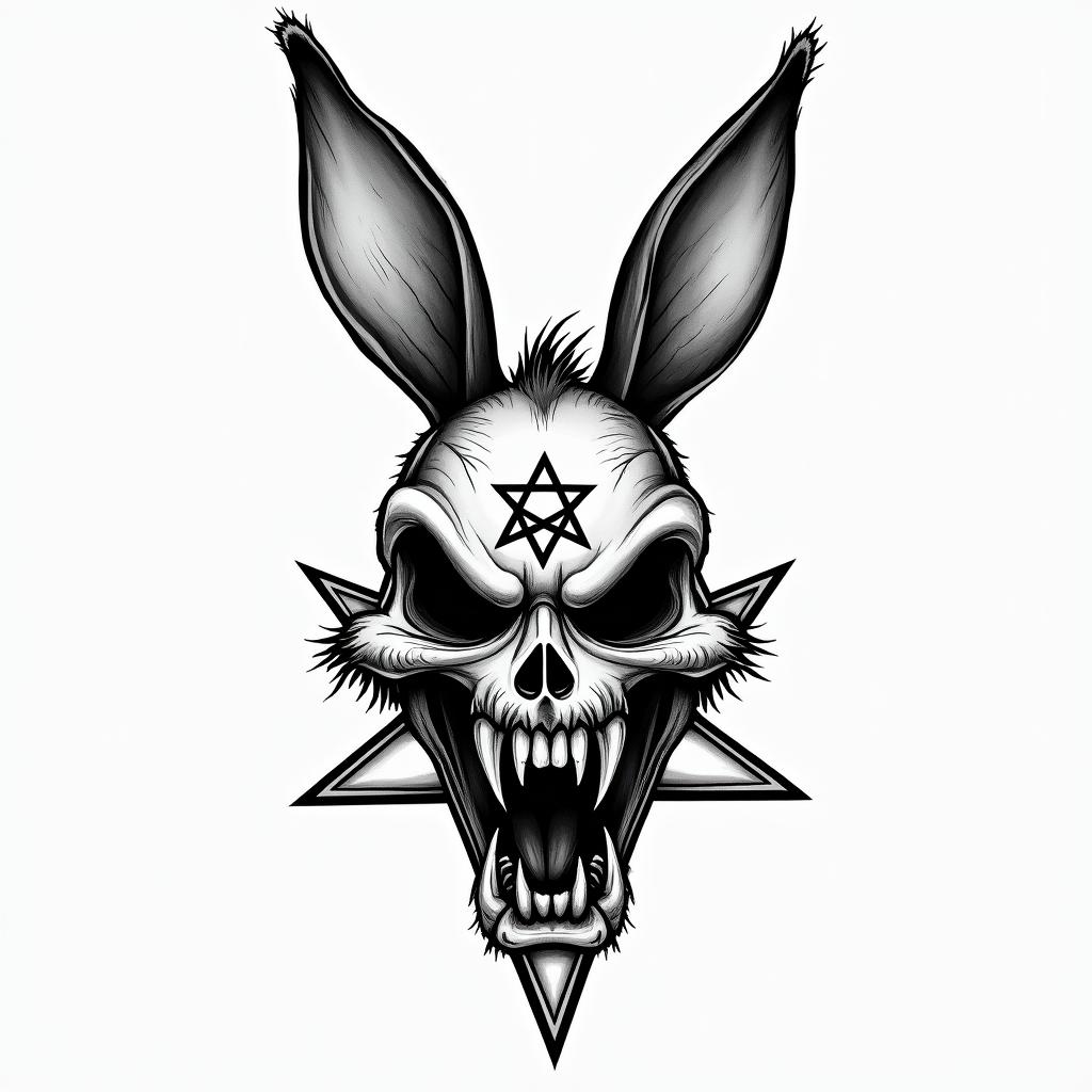 Bug Bunny Looney Tunescreepy horror tattoo style, featuring an eerie and unsettling skull of a demonic creature, distorted face with sharp fangs, add pentagram symbol - Variation 2