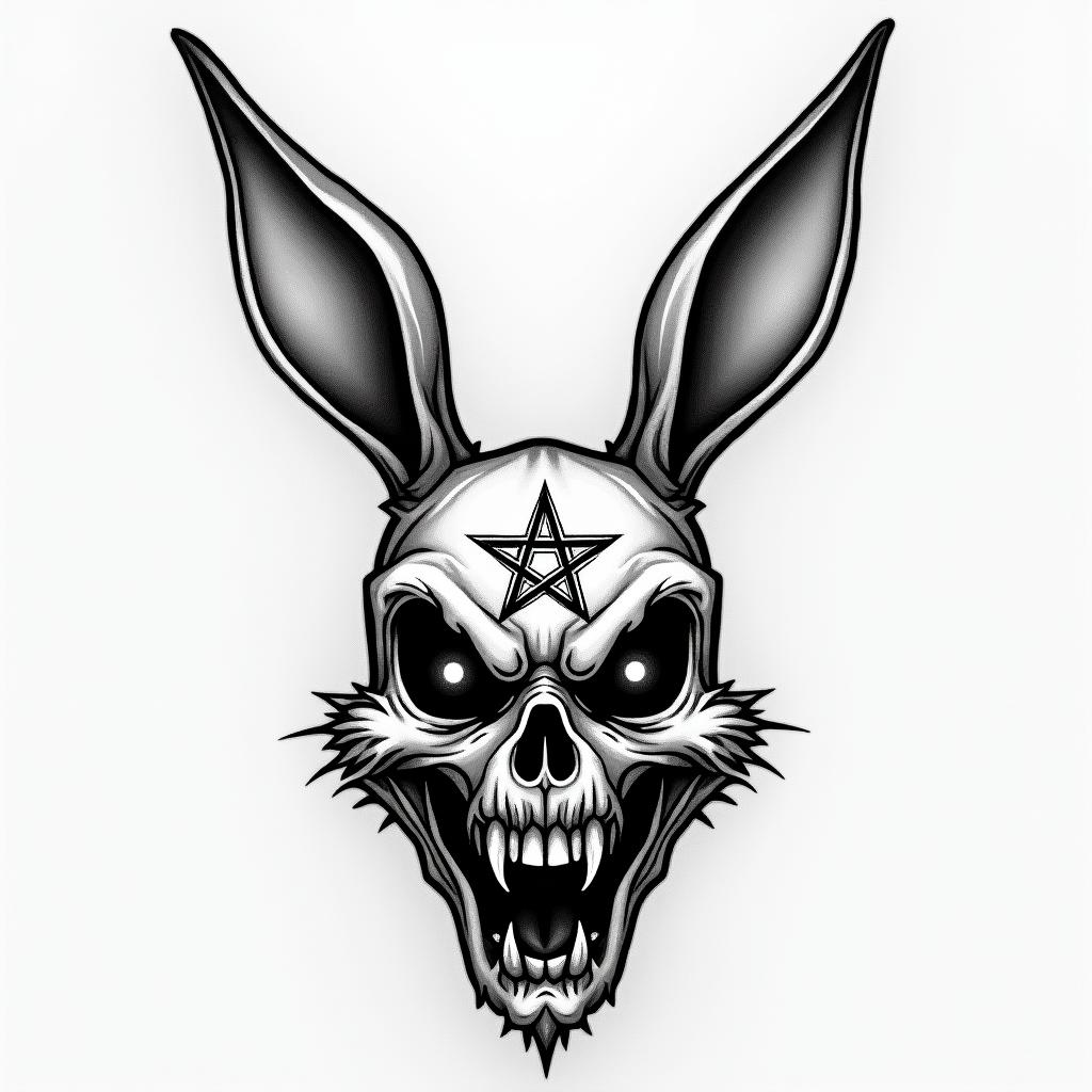 Bug Bunny Looney Tunescreepy horror tattoo style, featuring an eerie and unsettling skull of a demonic creature, distorted face with sharp fangs, add pentagram symbol - Variation 4