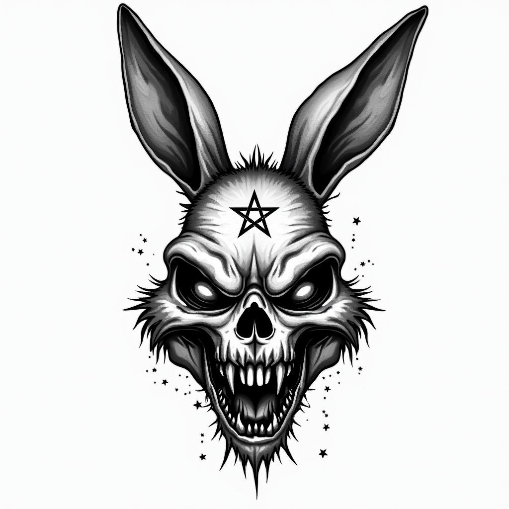 Bug Bunny Looney Tunescreepy horror tattoo style, featuring an eerie and unsettling skull of a demonic creature, distorted face with sharp fangs, add pentagram symbol - Variation 3