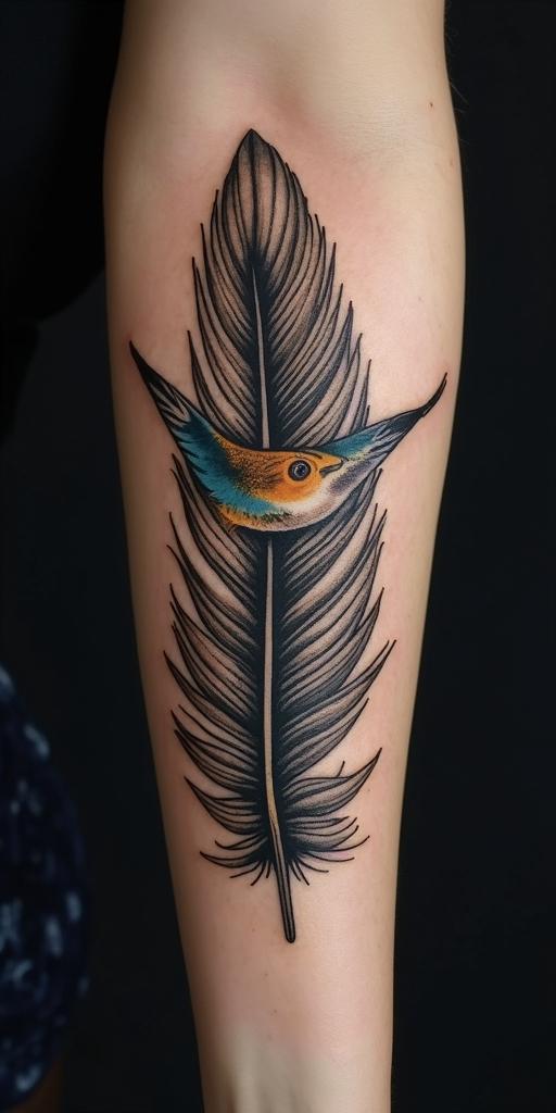 Feather with birdsin portrait tattoo style, featuring a highly realistic and detailed depiction  - Variation 2