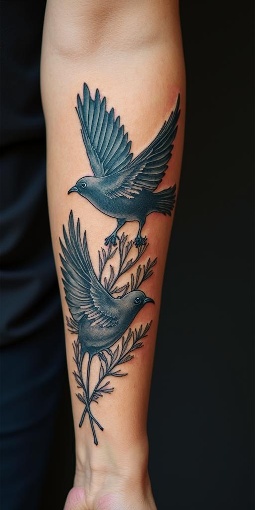 Feather with birdsin portrait tattoo style, featuring a highly realistic and detailed depiction  - Variation 3
