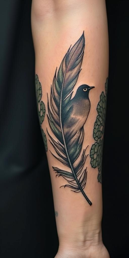 Feather with birdsin portrait tattoo style, featuring a highly realistic and detailed depiction