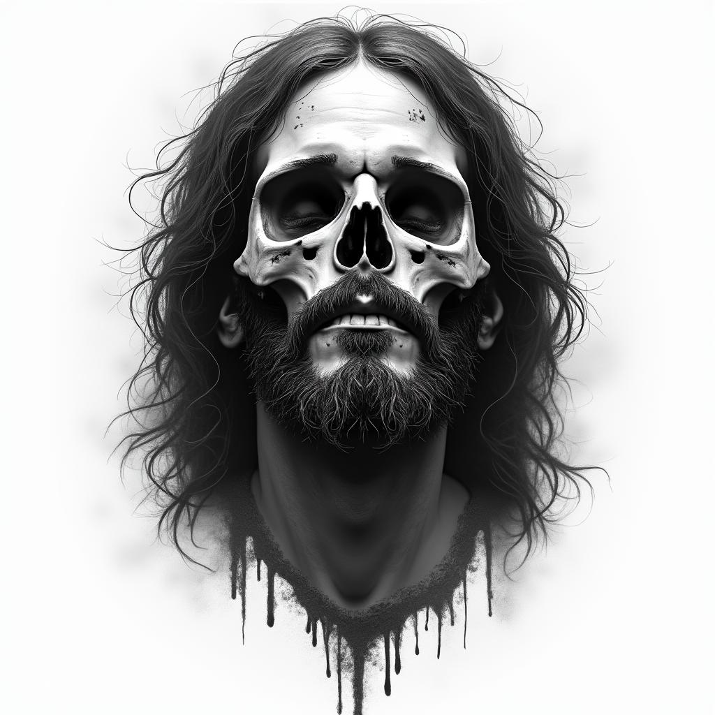 Jesus Christ in horror tattoo style, showcasing haunting and unsettling, dark and gritty textures with skulls, eerie faces, jgged designs, bold and intense shading - Variation 3