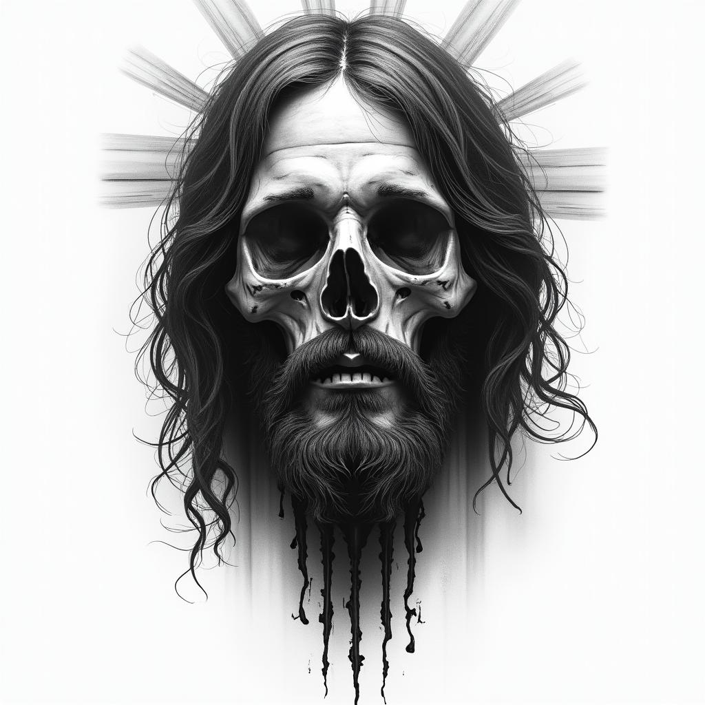 Jesus Christ in horror tattoo style, showcasing haunting and unsettling, dark and gritty textures with skulls, eerie faces, jgged designs, bold and intense shading - Variation 2