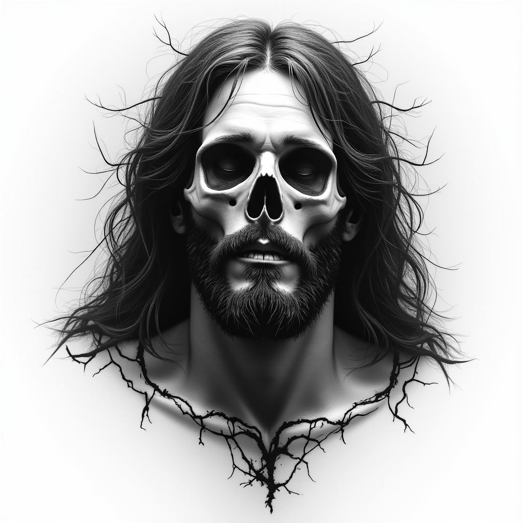 Jesus Christ in horror tattoo style, showcasing haunting and unsettling, dark and gritty textures with skulls, eerie faces, jgged designs, bold and intense shading