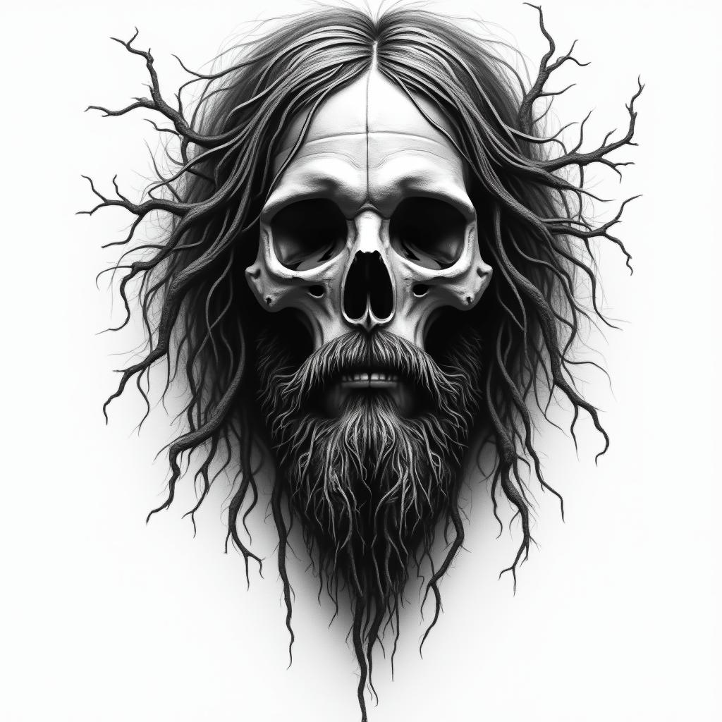 Jesus Christ in horror tattoo style, showcasing haunting and unsettling, dark and gritty textures with skulls, eerie faces, jgged designs, bold and intense shading - Variation 4