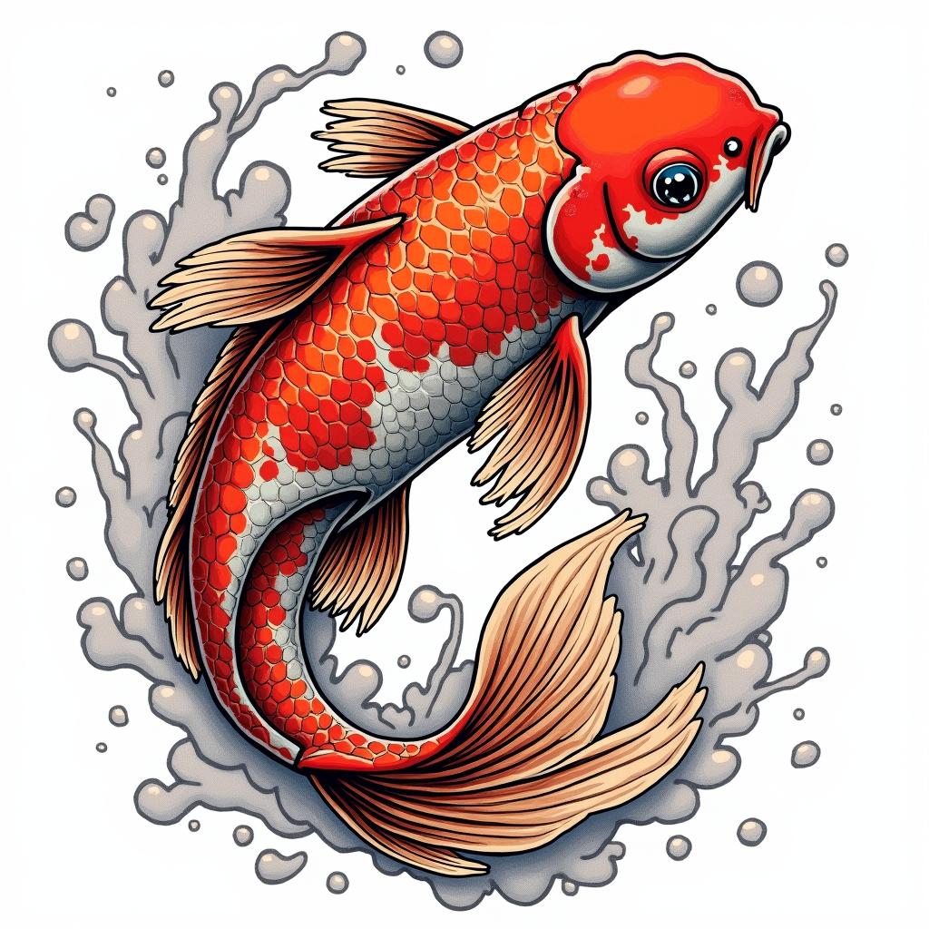 Koi fishin pop art style tattoo, featuring bold and vibrant colors, exaggerated outlines, iconic imagery, inspired by comic books and speech bubbles, comic book characters, retro pop culture - Variation 2