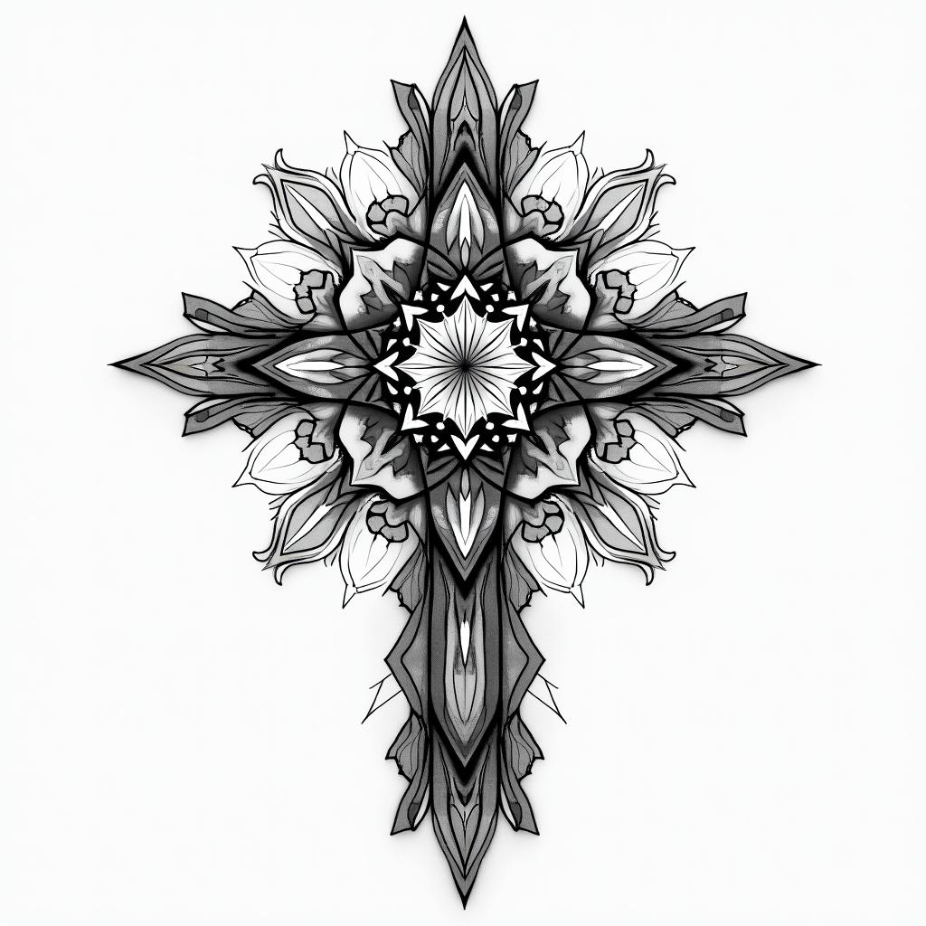 Jesus Christ in geometric style tattoo, blending hexagons, mandala-inspired patterns, symmetrical and fractal design, clean lines, sharp angles - Variation 4
