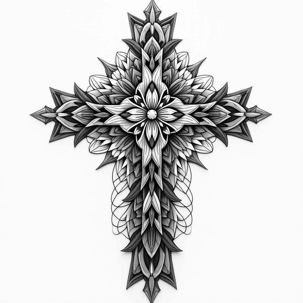 Jesus Christ in geometric style tattoo, blending hexagons, mandala-inspired patterns, symmetrical and fractal design, clean lines, sharp angles