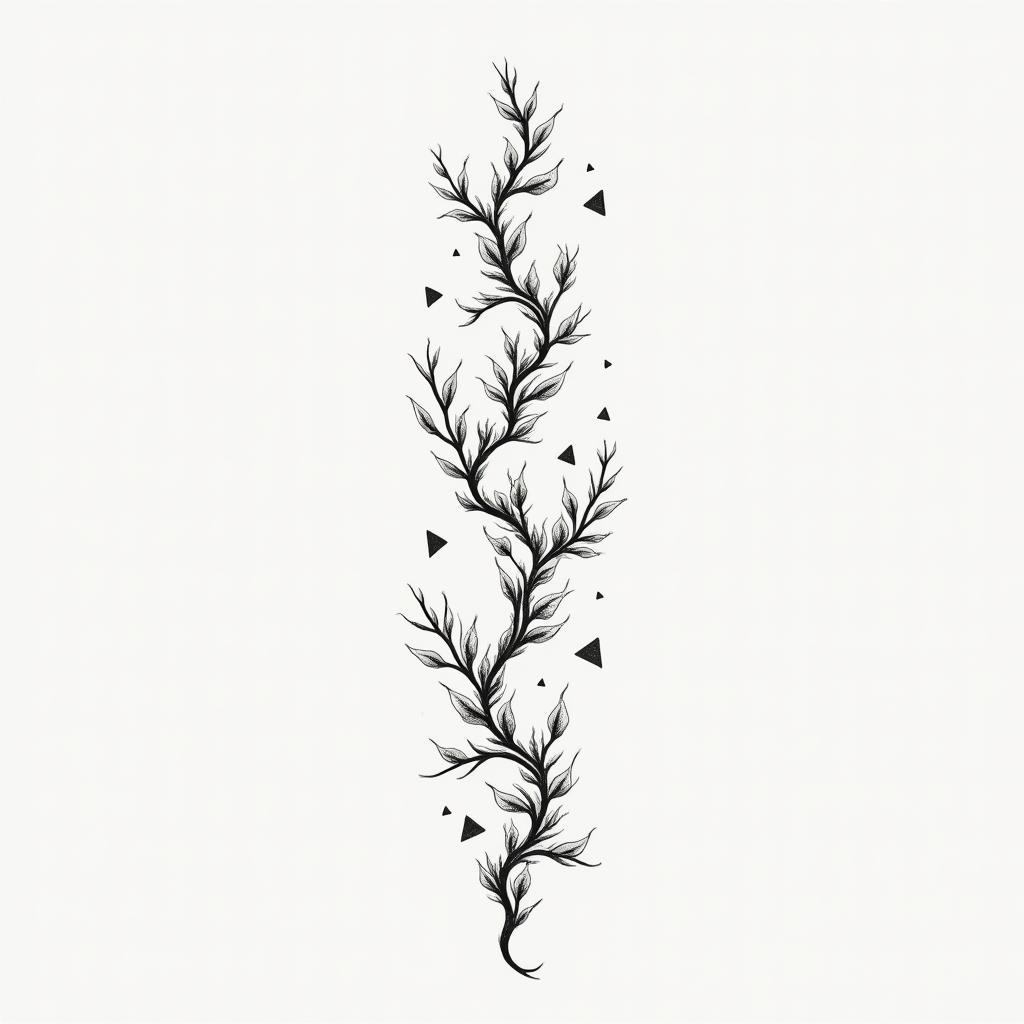 Vines multiple blackin minimalist style tattoo, featuring simple shapes and fine lines, with minimal shading and details, tiny triangles, creating a sense of balance and harmony - Variation 3