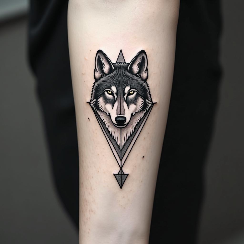 I want a wolf, Lucifer crying eye, NF (music artist) balloon, I want a skip/pause/skip thing and I want there to be animals in there and patchwork stylein minimalist style tattoo, featuring simple shapes and fine lines, with minimal shading and details, tiny triangles, creating a sense of balance and harmony