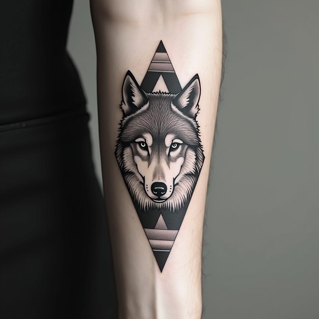 I want a wolf, Lucifer crying eye, NF (music artist) balloon, I want a skip/pause/skip thing and I want there to be animals in there and patchwork stylein minimalist style tattoo, featuring simple shapes and fine lines, with minimal shading and details, tiny triangles, creating a sense of balance and harmony - Variation 2