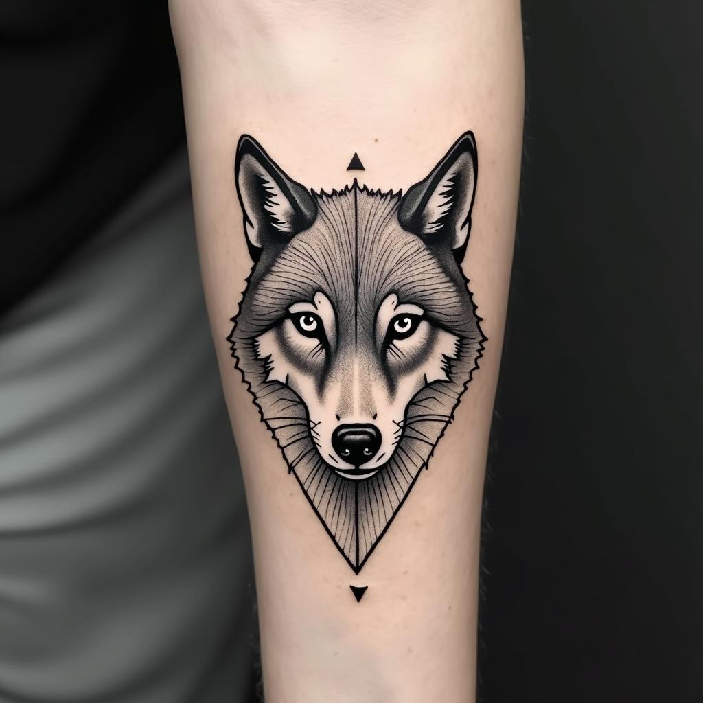 I want a wolf, Lucifer crying eye, NF (music artist) balloon, I want a skip/pause/skip thing and I want there to be animals in there and patchwork stylein minimalist style tattoo, featuring simple shapes and fine lines, with minimal shading and details, tiny triangles, creating a sense of balance and harmony - Variation 4