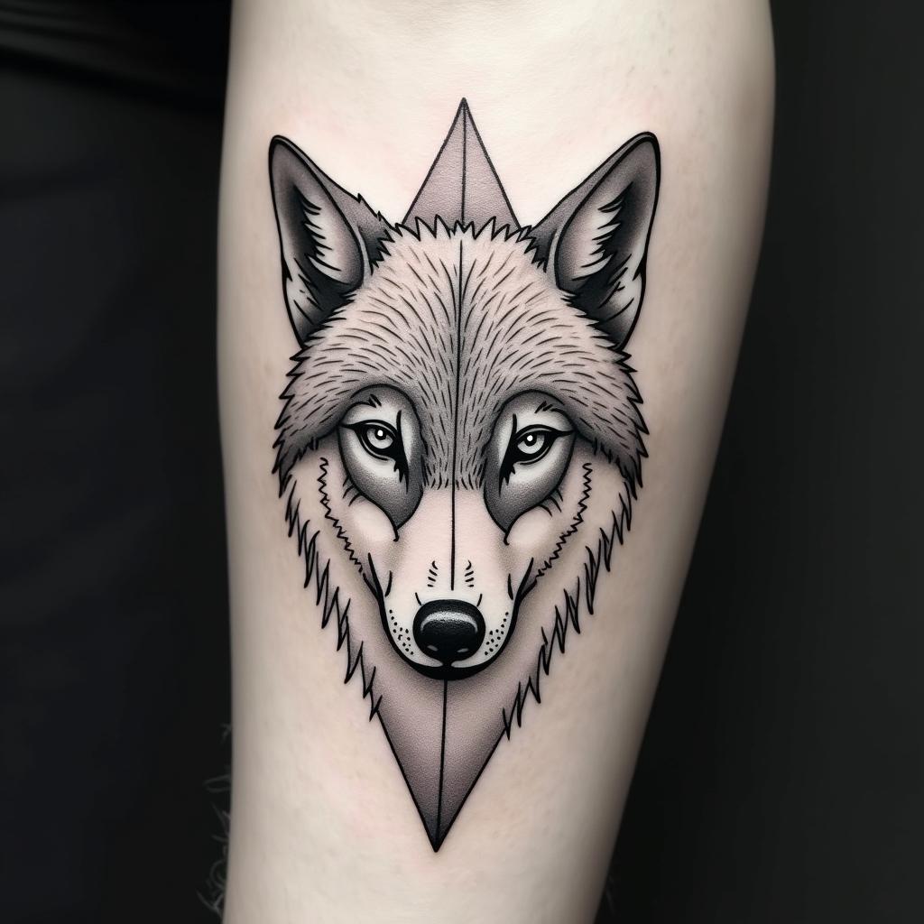 I want a wolf, Lucifer crying eye, NF (music artist) balloon, I want a skip/pause/skip thing and I want there to be animals in there and patchwork stylein minimalist style tattoo, featuring simple shapes and fine lines, with minimal shading and details, tiny triangles, creating a sense of balance and harmony - Variation 3