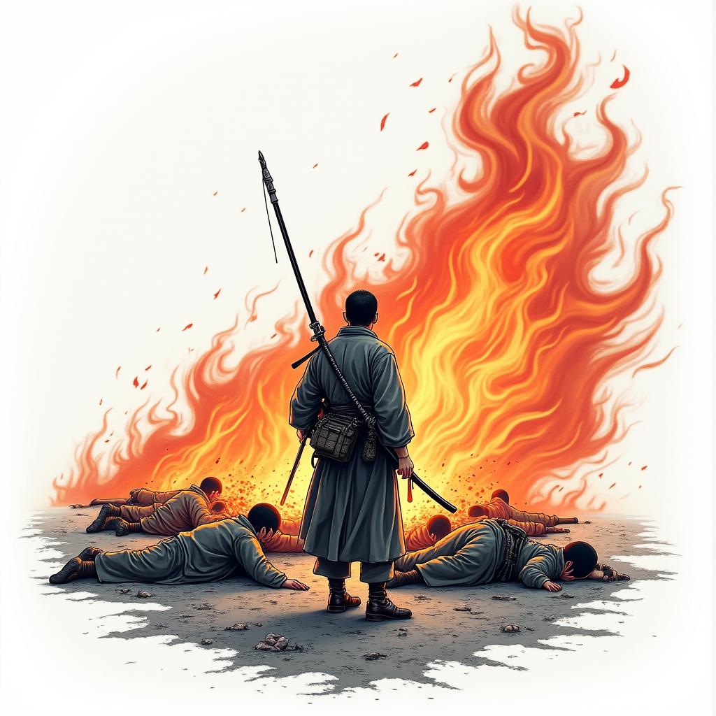 Japanese battle scene. 1 lone soldier left. Bodies on the ground behind himin flame tattoo style showcasing fiery elements with dynamic flame patterns, glowing effect of flames, natural colors - Variation 4