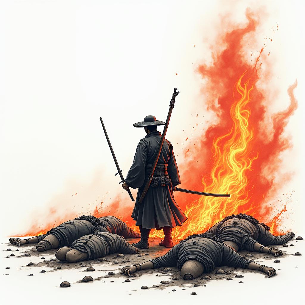 Japanese battle scene. 1 lone soldier left. Bodies on the ground behind himin flame tattoo style showcasing fiery elements with dynamic flame patterns, glowing effect of flames, natural colors - Variation 3