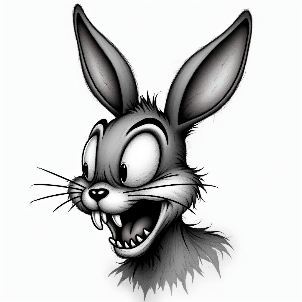 Bug Bunny Looney Tunes in horror tattoo style, showcasing haunting and unsettling, dark and gritty textures with skulls, eerie faces, jgged designs, bold and intense shading