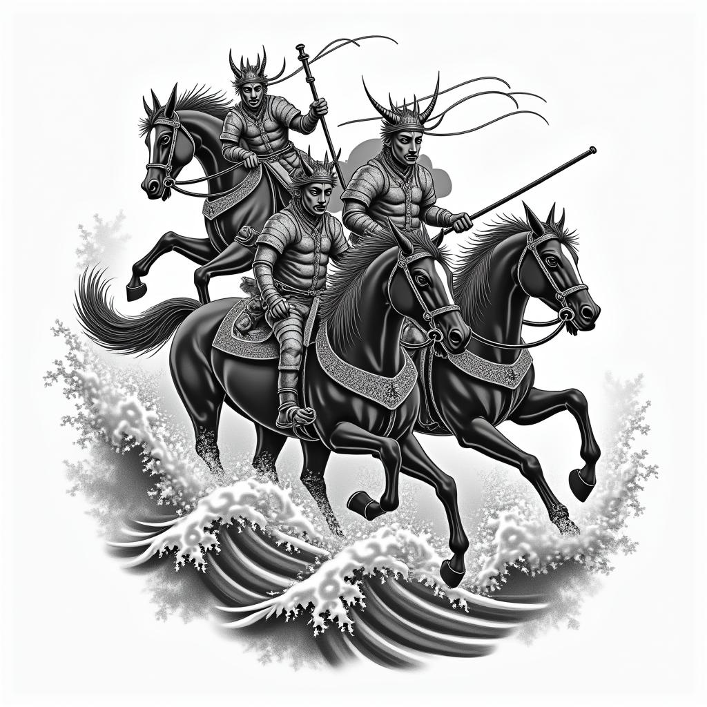 The four horsemen of the apocalypse chased by Japanese waves.in japanese style tattoo, detailed tattoo, traditional japanese culture tattoo, mythology, 8k - Variation 2