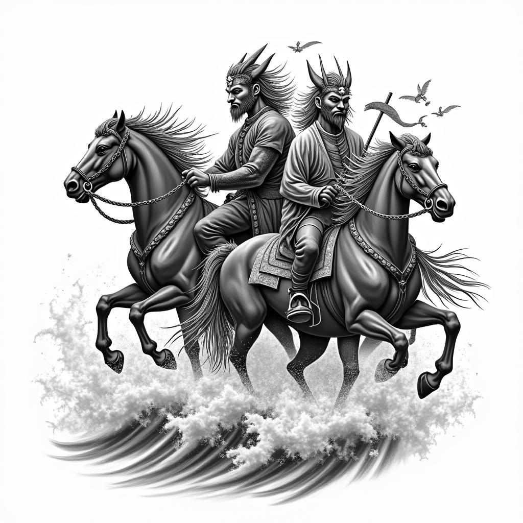 The four horsemen of the apocalypse chased by Japanese waves.in japanese style tattoo, detailed tattoo, traditional japanese culture tattoo, mythology, 8k