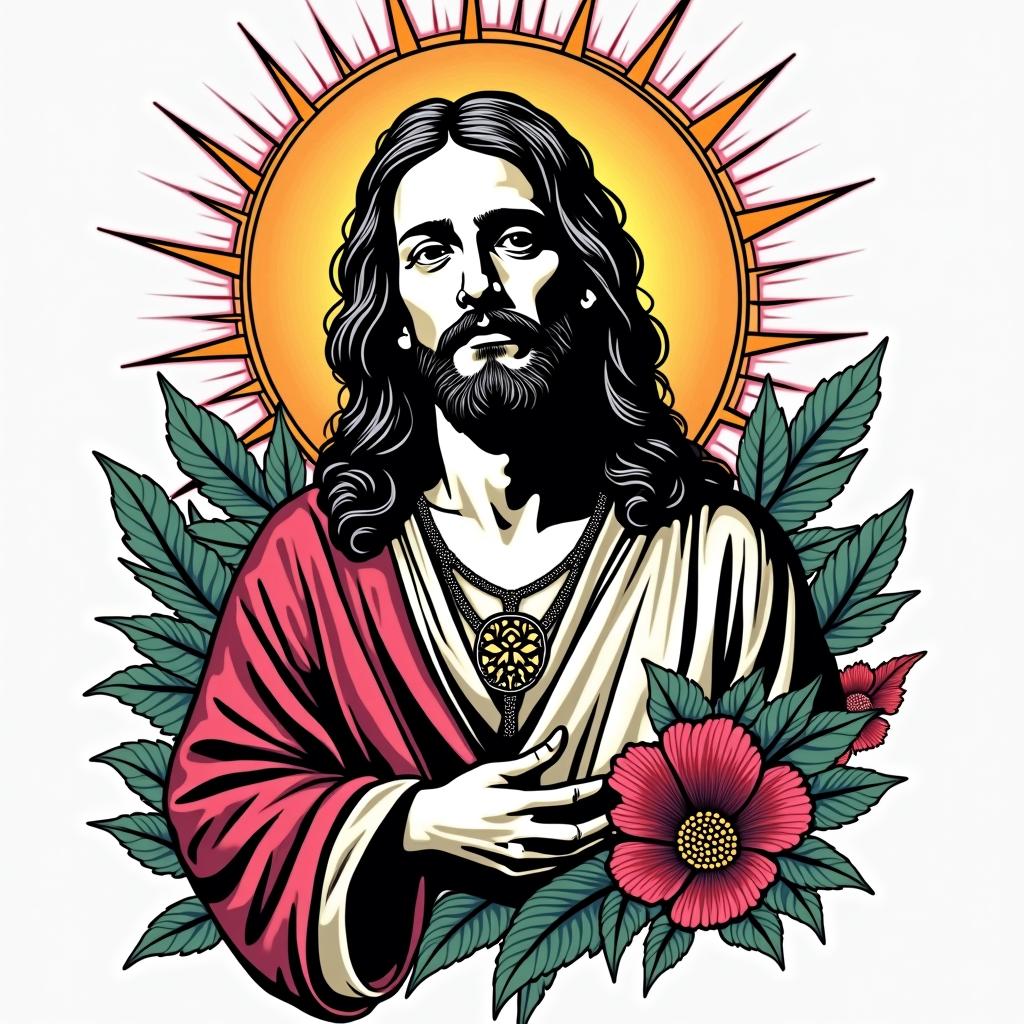 Jesus Christin pop art style tattoo, featuring bold and vibrant colors, exaggerated outlines, iconic imagery, inspired by comic books and speech bubbles, comic book characters, retro pop culture - Variation 3
