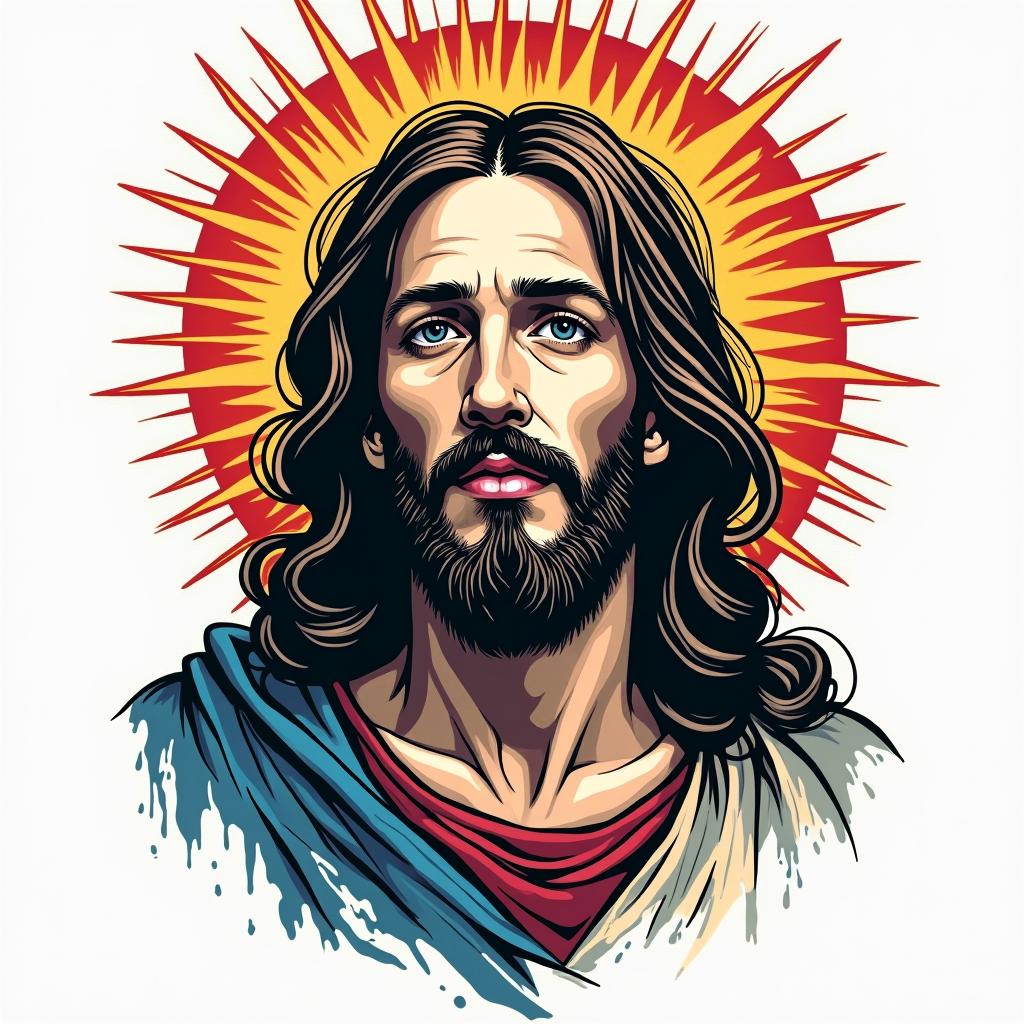 Jesus Christin pop art style tattoo, featuring bold and vibrant colors, exaggerated outlines, iconic imagery, inspired by comic books and speech bubbles, comic book characters, retro pop culture - Variation 4
