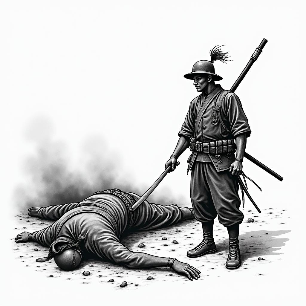 Japanese battle scene. 1 lone soldier left. Bodies on the ground behind himin authentic tattoo style, incorporating traditional modifications, bold black outlines, solid color fills, featuring classic authentic elements - Variation 1