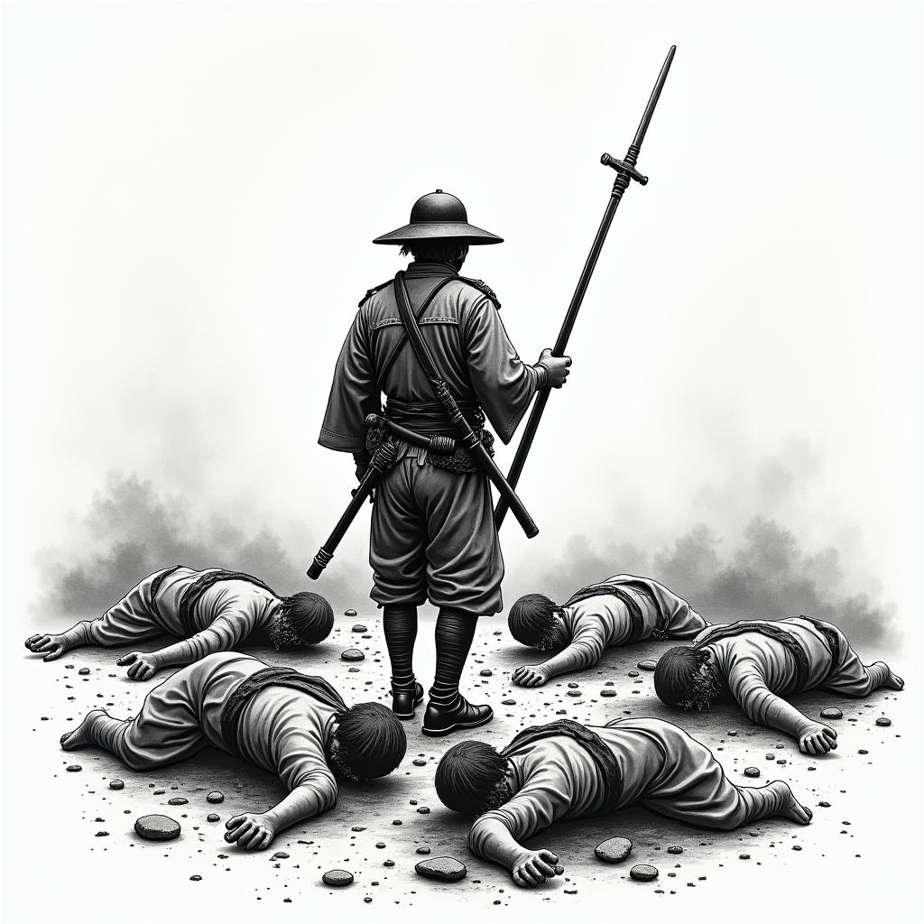 Japanese battle scene. 1 lone soldier left. Bodies on the ground behind himin authentic tattoo style, incorporating traditional modifications, bold black outlines, solid color fills, featuring classic authentic elements - Variation 4