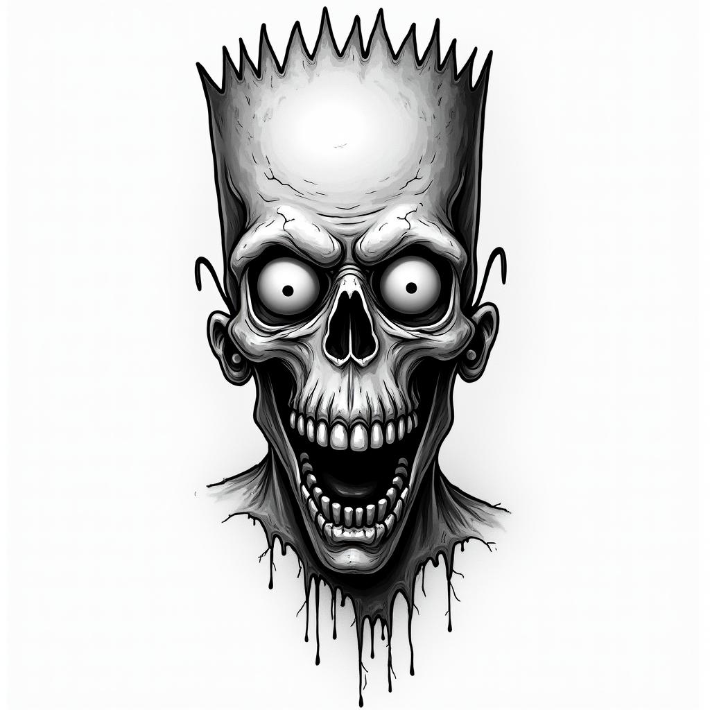 Bart Simpson in horror tattoo style, showcasing haunting and unsettling, dark and gritty textures with skulls, eerie faces, jgged designs, bold and intense shading