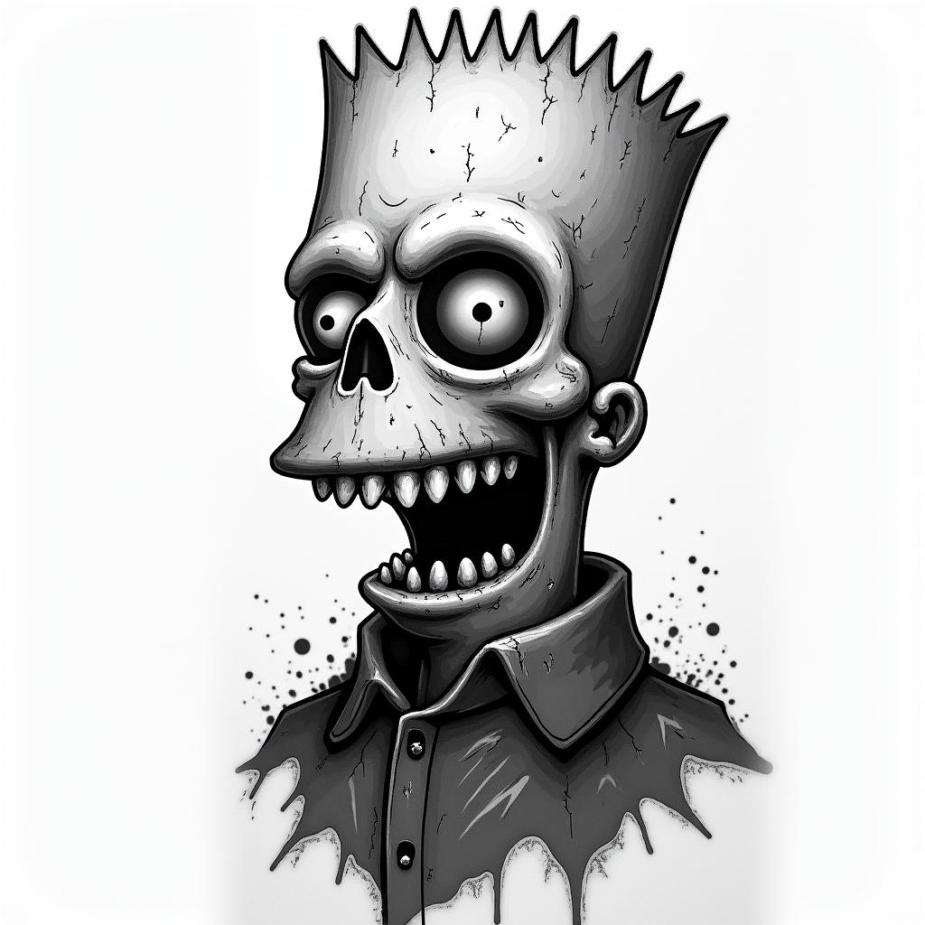 Bart Simpson in horror tattoo style, showcasing haunting and unsettling, dark and gritty textures with skulls, eerie faces, jgged designs, bold and intense shading - Variation 3