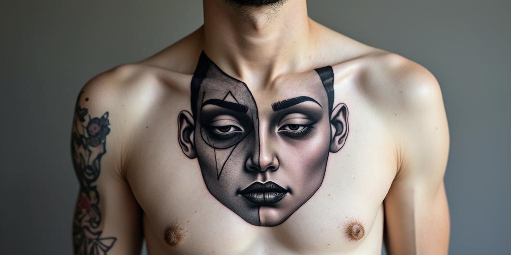 Make me a face, one side is a beautiful woman and the other side is a zombiein minimalist style tattoo, featuring simple shapes and fine lines, with minimal shading and details, tiny triangles, creating a sense of balance and harmony - Variation 6