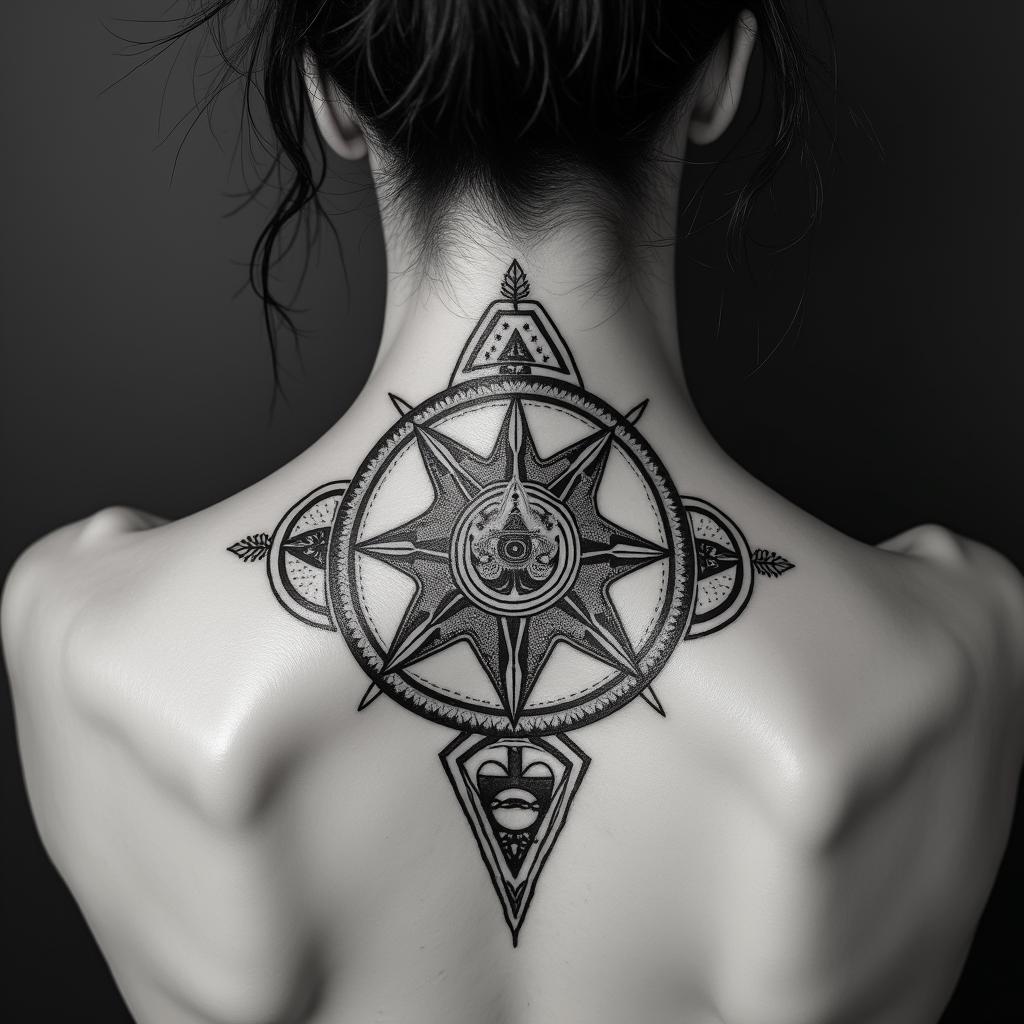 Sagittariusin paganic style tattoo, featuring ancient symbols, add vegvisir symbol, mystical figures, incorporating designs, pentagrams, runes, crescent moons, - Variation 3