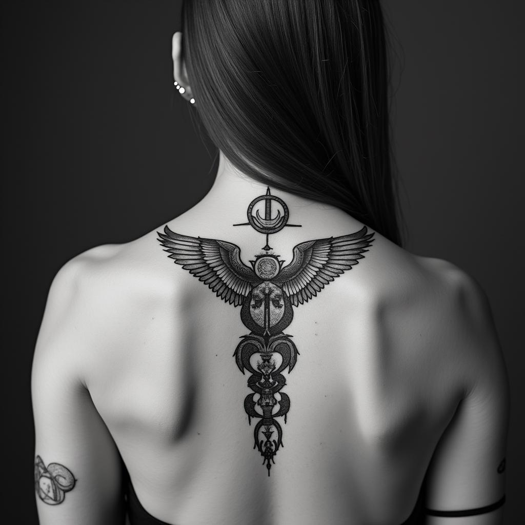 Sagittariusin paganic style tattoo, featuring ancient symbols, add vegvisir symbol, mystical figures, incorporating designs, pentagrams, runes, crescent moons, - Variation 2