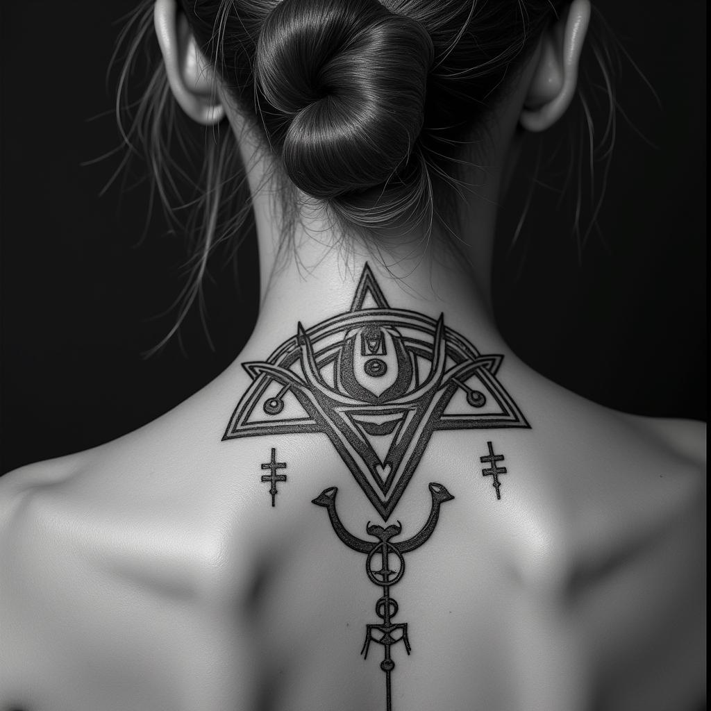 Sagittariusin paganic style tattoo, featuring ancient symbols, add vegvisir symbol, mystical figures, incorporating designs, pentagrams, runes, crescent moons, - Variation 4