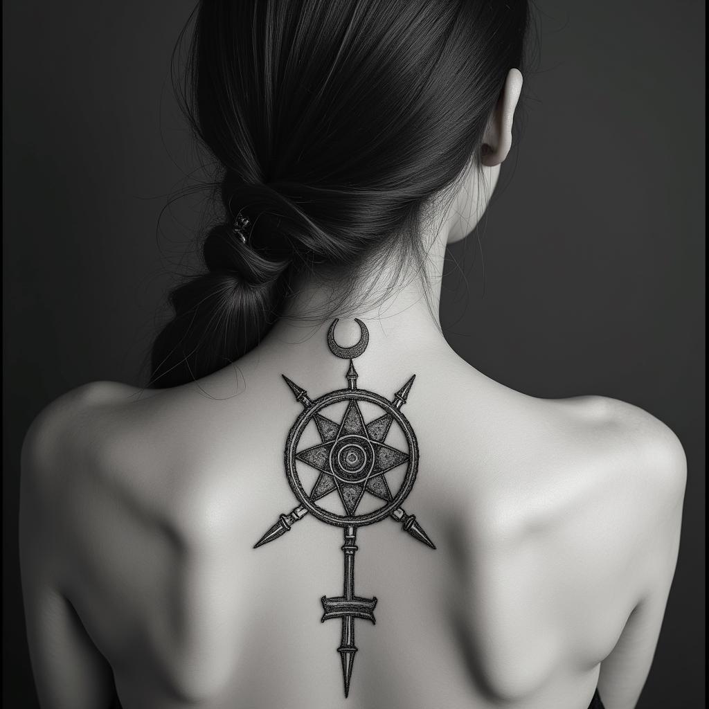 Sagittariusin paganic style tattoo, featuring ancient symbols, add vegvisir symbol, mystical figures, incorporating designs, pentagrams, runes, crescent moons,