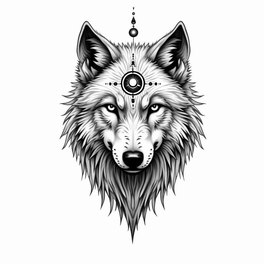 I want minimal line work of a wolfin prophecy tattoo style, featuring mystical symbols, celestial imagery like stars, moons, suns, geometric patterns, foretelling elements, an eye of wisdom