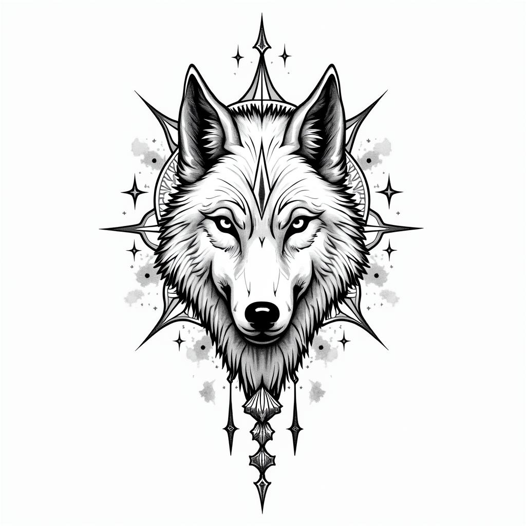 I want minimal line work of a wolfin prophecy tattoo style, featuring mystical symbols, celestial imagery like stars, moons, suns, geometric patterns, foretelling elements, an eye of wisdom - Variation 2