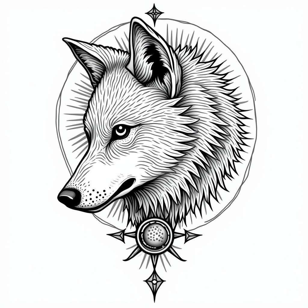 I want minimal line work of a wolfin prophecy tattoo style, featuring mystical symbols, celestial imagery like stars, moons, suns, geometric patterns, foretelling elements, an eye of wisdom - Variation 3