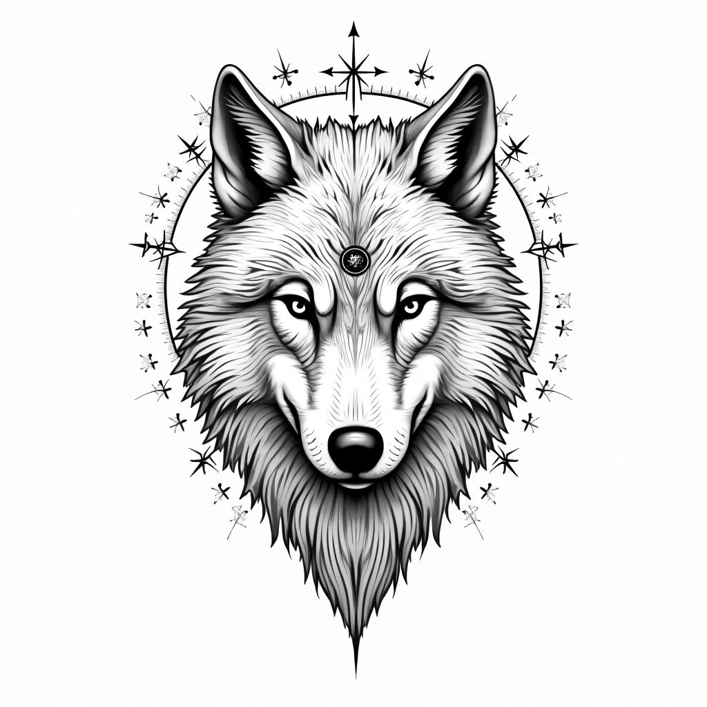 I want minimal line work of a wolfin prophecy tattoo style, featuring mystical symbols, celestial imagery like stars, moons, suns, geometric patterns, foretelling elements, an eye of wisdom - Variation 4