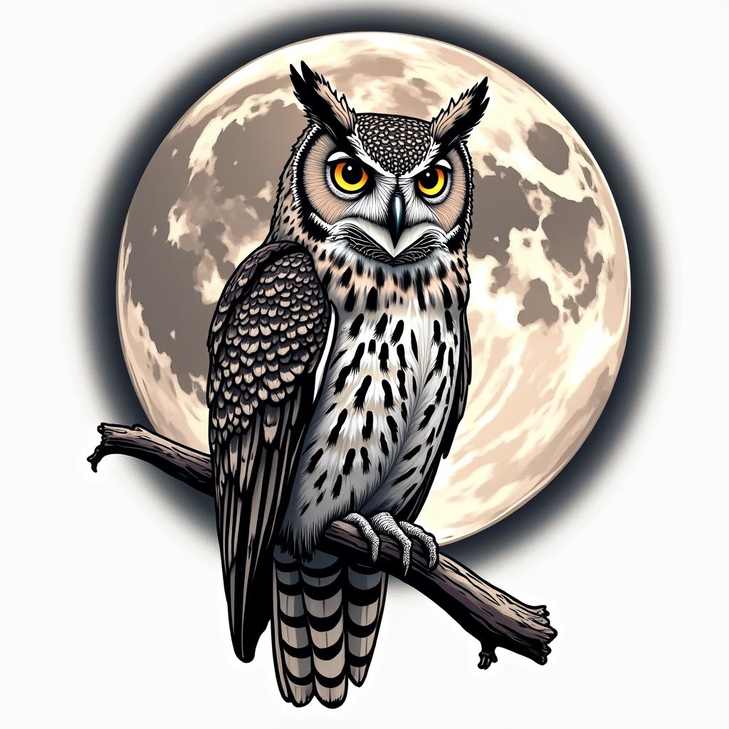 Owl on the full moonin pop art style tattoo, featuring bold and vibrant colors, exaggerated outlines, iconic imagery, inspired by comic books and speech bubbles, comic book characters, retro pop culture - Variation 4