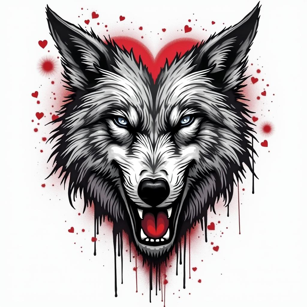 a wolf defends the heartin graffiti style tattoo, featuring bold and dynamic street art elements, spray-paint texture with exaggerated lines and expressive, chaotic brushstrokes, intricate lettering incorporated with graffiti tags, symbols like hearts, stars, and wings - Variation 3