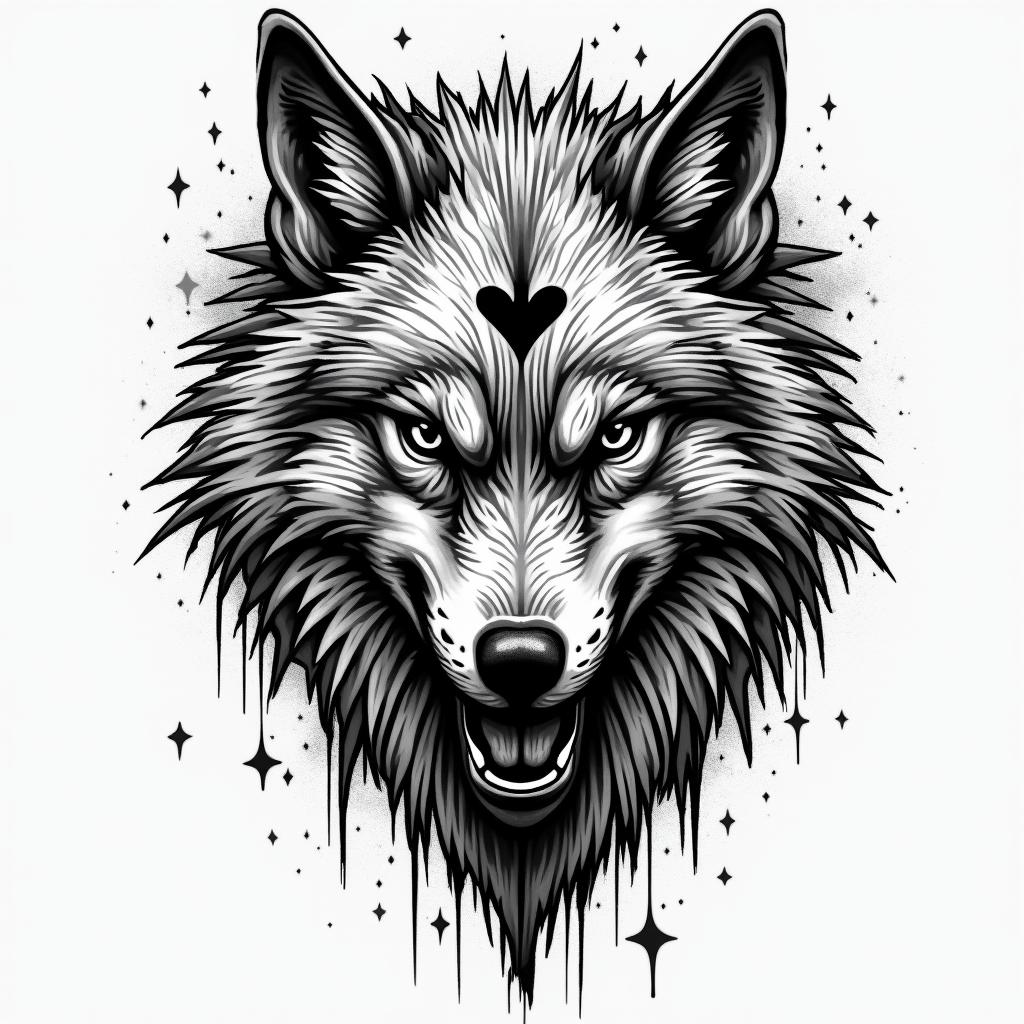 a wolf defends the heartin graffiti style tattoo, featuring bold and dynamic street art elements, spray-paint texture with exaggerated lines and expressive, chaotic brushstrokes, intricate lettering incorporated with graffiti tags, symbols like hearts, stars, and wings