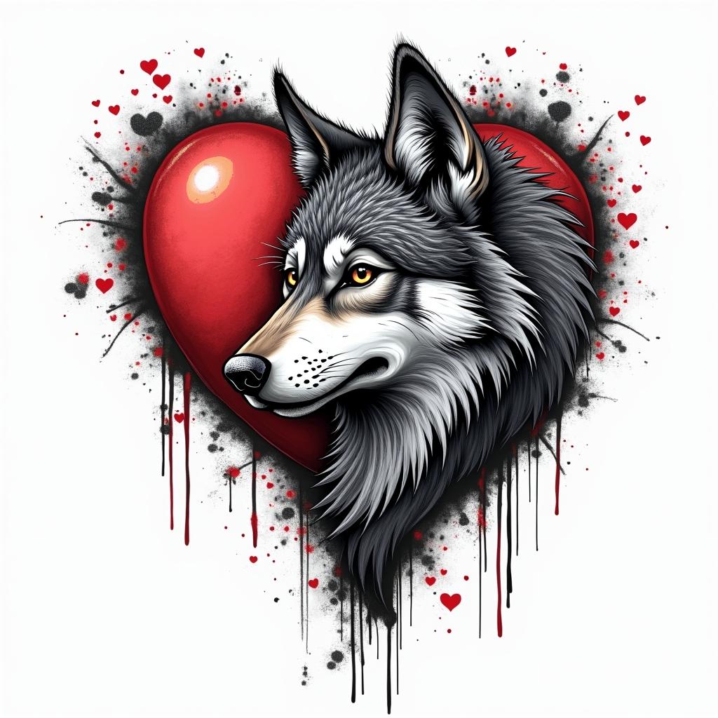 a wolf defends the heartin graffiti style tattoo, featuring bold and dynamic street art elements, spray-paint texture with exaggerated lines and expressive, chaotic brushstrokes, intricate lettering incorporated with graffiti tags, symbols like hearts, stars, and wings - Variation 2
