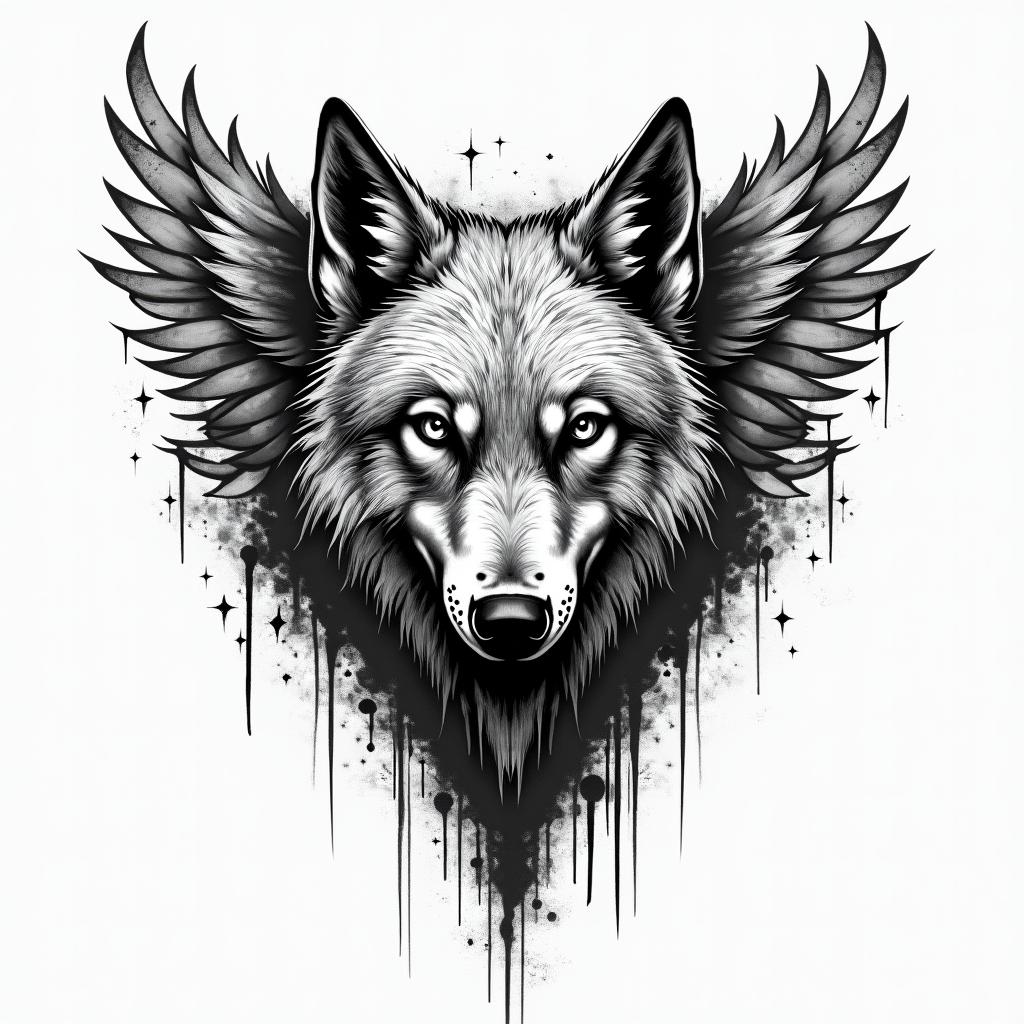 a wolf defends the heartin graffiti style tattoo, featuring bold and dynamic street art elements, spray-paint texture with exaggerated lines and expressive, chaotic brushstrokes, intricate lettering incorporated with graffiti tags, symbols like hearts, stars, and wings - Variation 4