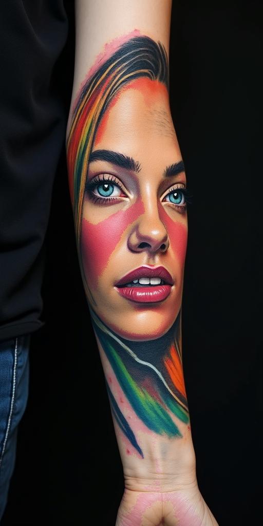 colored facein realism tattoo style, featuring a highly detailed, lifelike, capturing every detail, photorealistic, ultra realistic, intricate shading, smooth and sharp,  