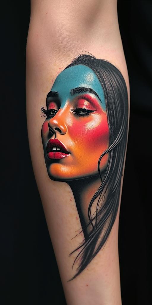 colored facein realism tattoo style, featuring a highly detailed, lifelike, capturing every detail, photorealistic, ultra realistic, intricate shading, smooth and sharp,   - Variation 2