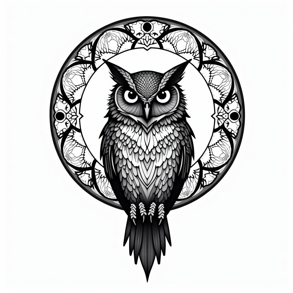 Owl in the full moonin dotwork style tattoo, complex mandala patterns, interlocking geometric shapes with sharp symmetry, clean lines, sharp angles - Variation 6