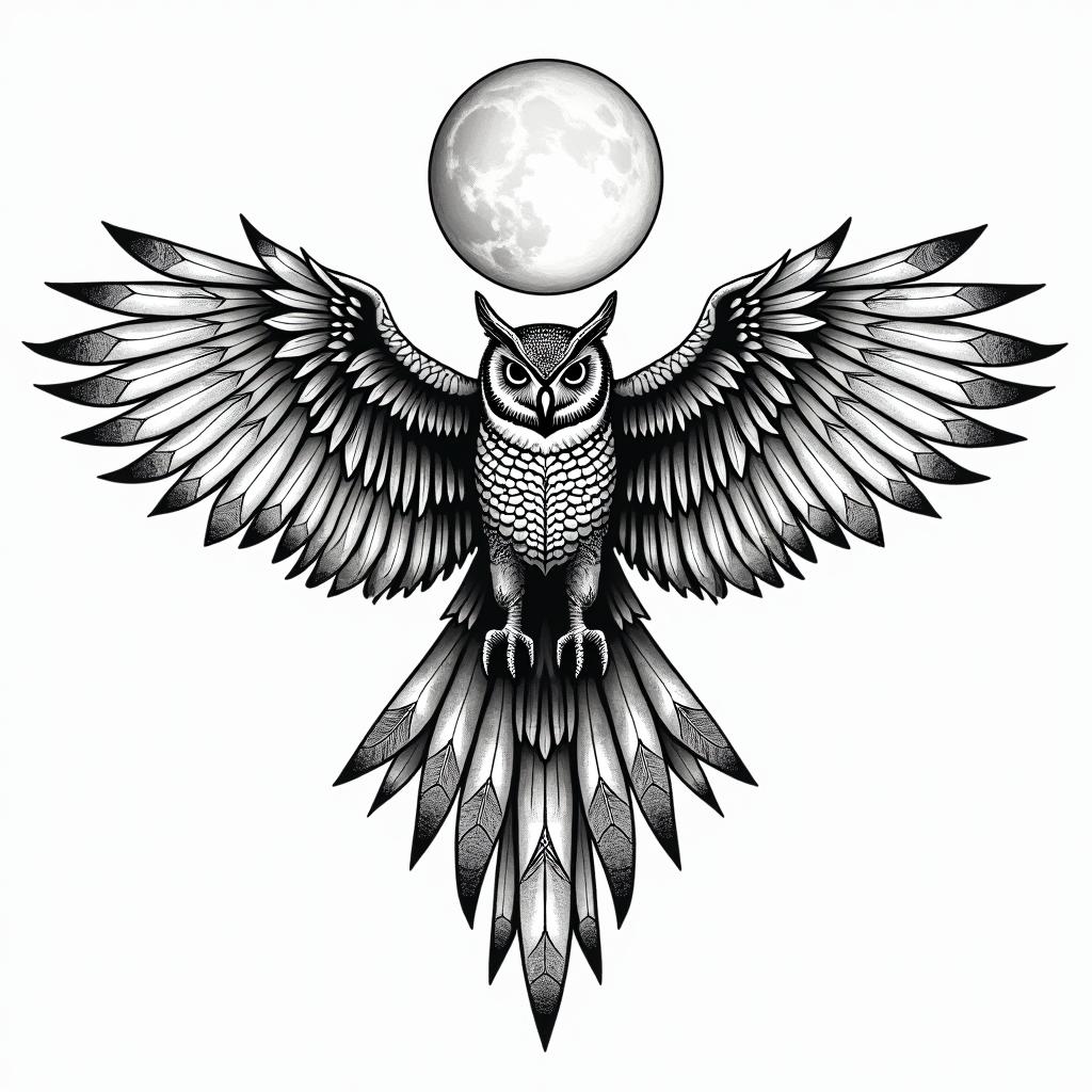 Owl in the full moonin dotwork style tattoo, complex mandala patterns, interlocking geometric shapes with sharp symmetry, clean lines, sharp angles - Variation 8