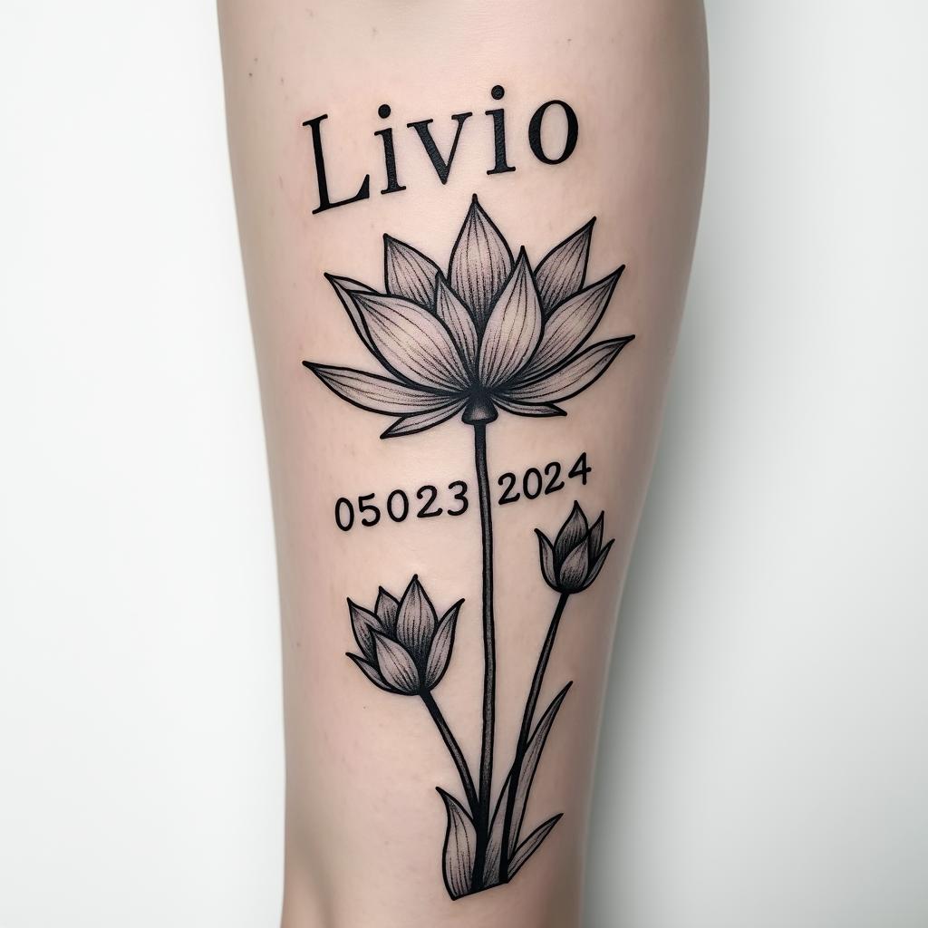 Tattoo on the forearm with the name Livio and the date of birth 05/03/2024 as well as a lotus flower and a few lotuses quite dense and contrasted.minimalist text-based tattoo, Monospace font ultra-realistic, perfectly placed, high-quality font design, photo-realistic shading, 8k, high quality, finely detailed typograph - Variation 3